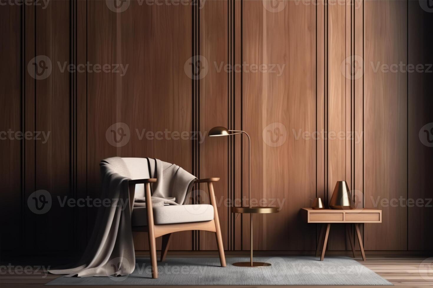 Empty modern room interior mock up with wooden decorative panel on the wall and wooden chair with blanket living room interior background 3d rendering. photo