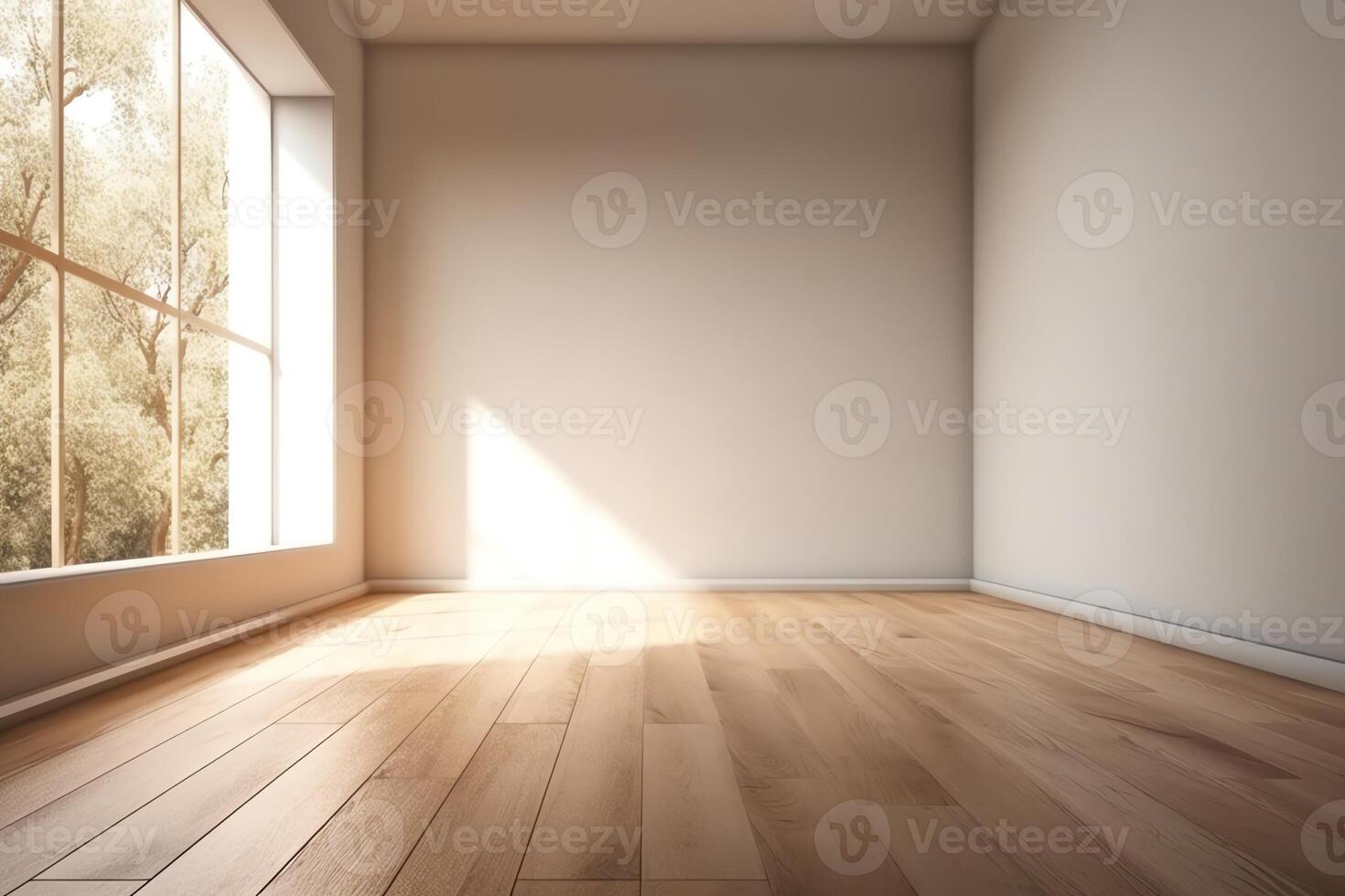 Mockup of white empty room and wood laminate floor with sun light cast the shadow on the wall perspective of minimal inteior design on nature background 3d rendering. photo