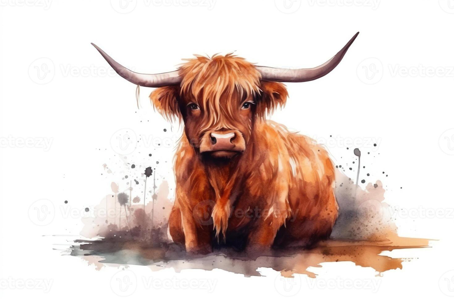 Highland cow isolated on white background farm animals handpainted watercolor illustration agriculture farmland nature village landscape organic farming. photo