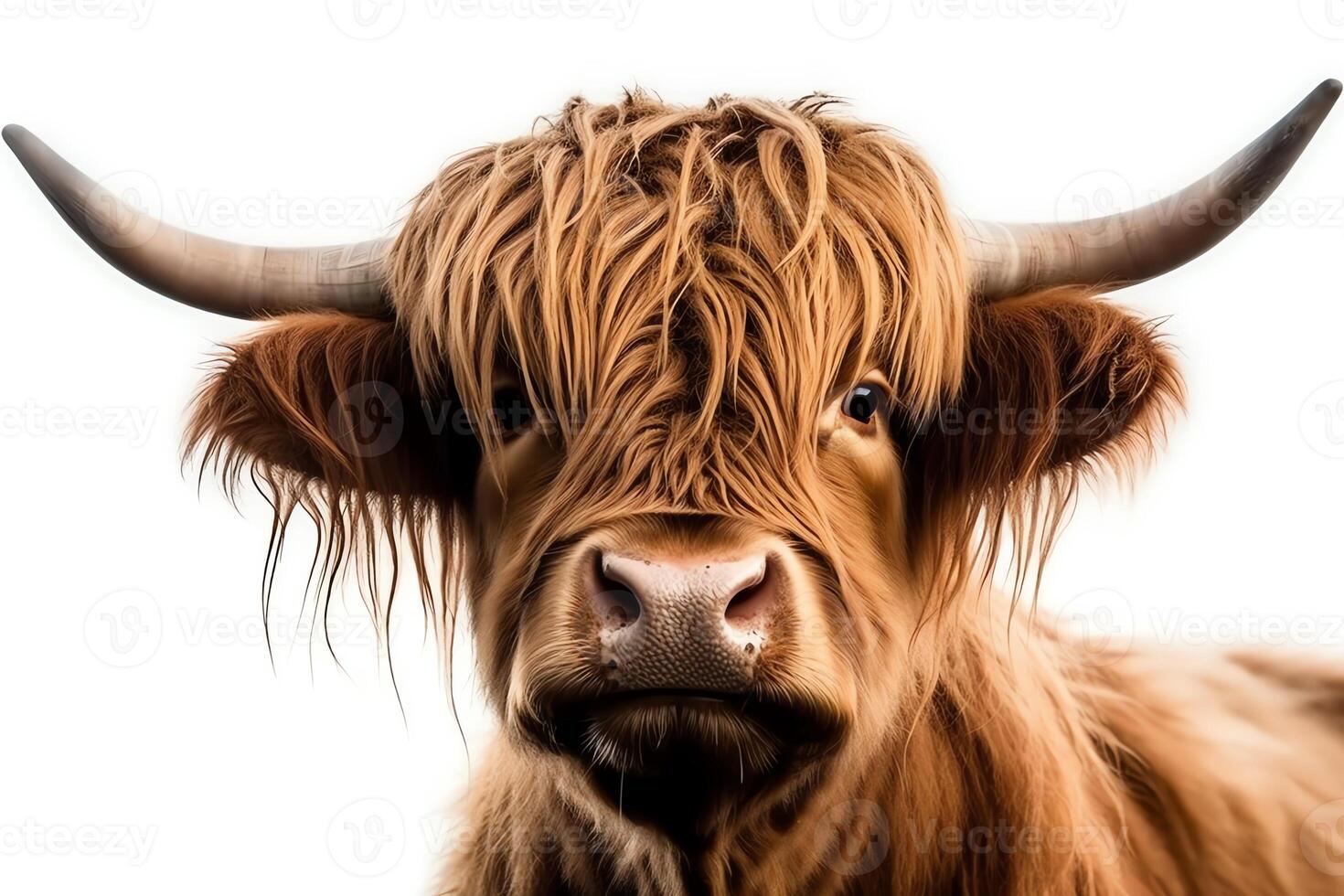 Adult scottish highland cow portrait isolated on a white background. photo