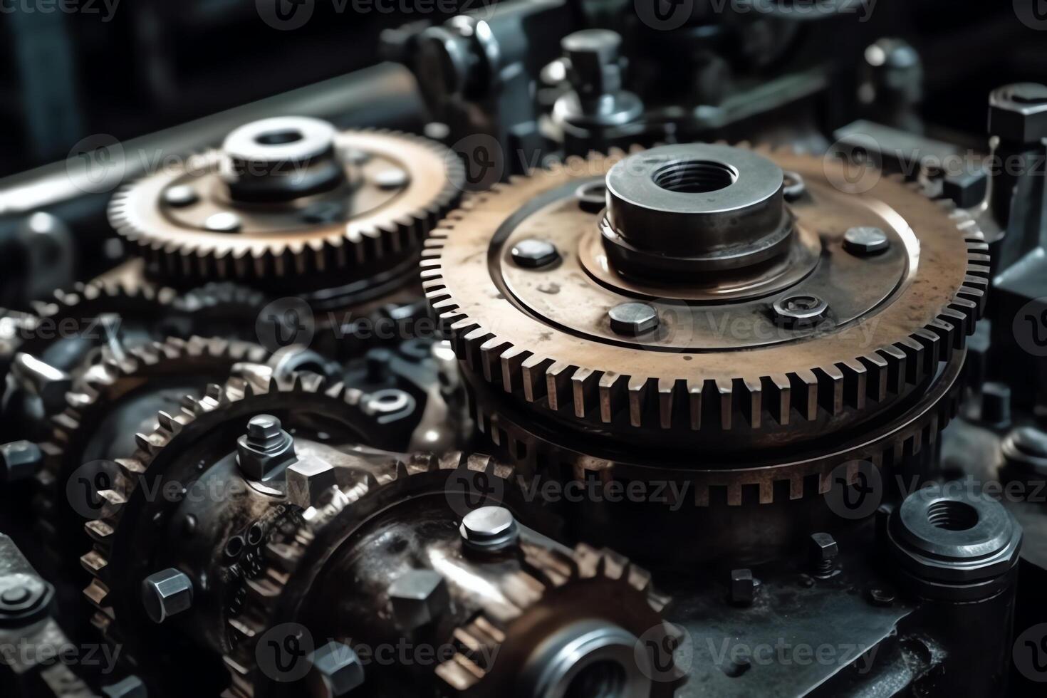 Mechanism gears and cogs at work industrial machinery. photo