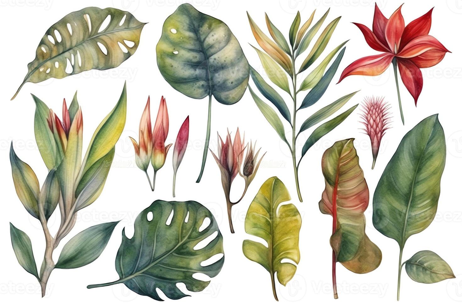 colección de acuarela salvaje tropical hojas y flores selva planta hojas aislado en blanco antecedentes acuarela botánico ilustración. ai generado foto