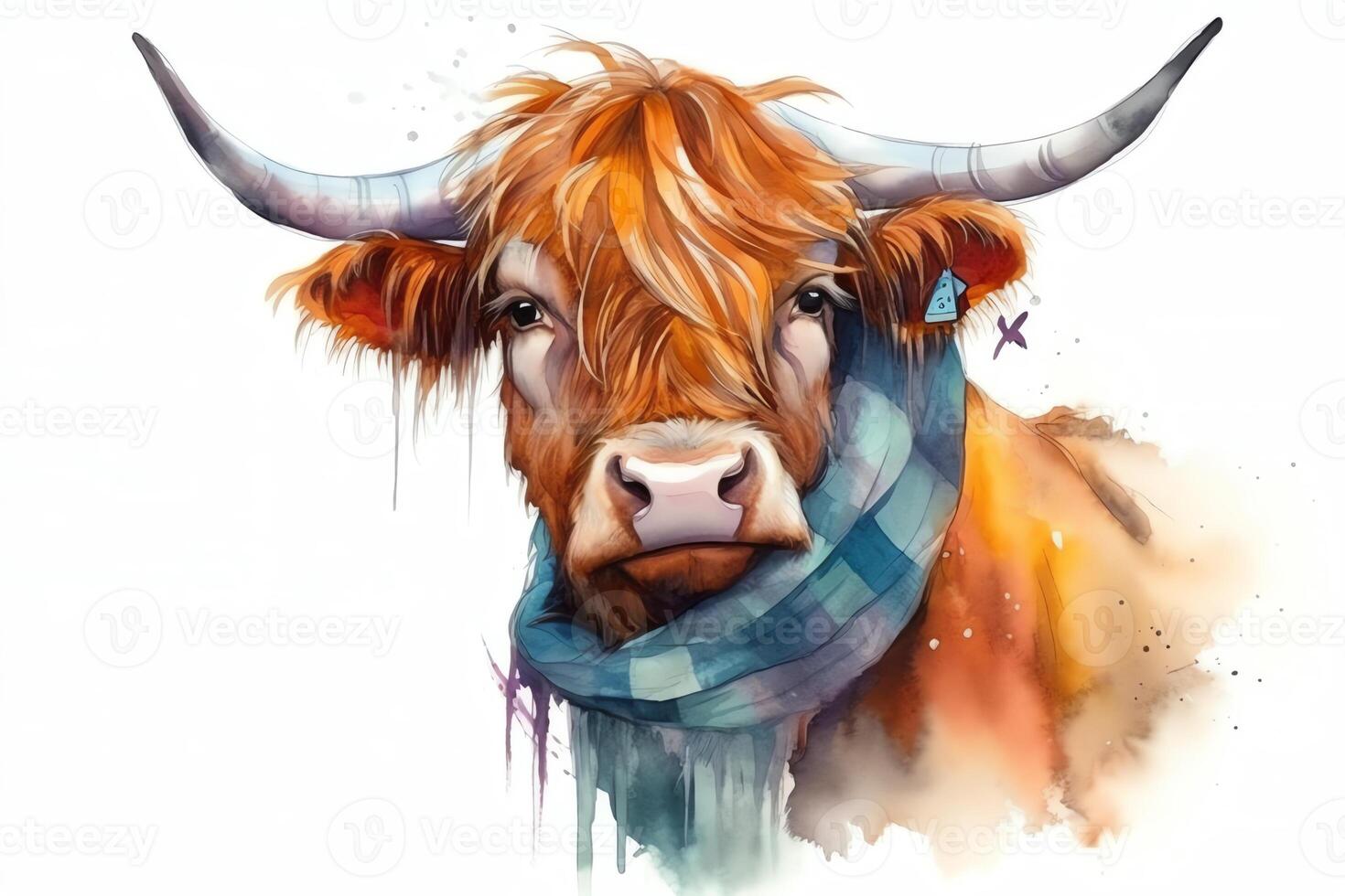 Watercolor highland cow with yellow bandana painting realistic wild animal portrait illustration technology. photo