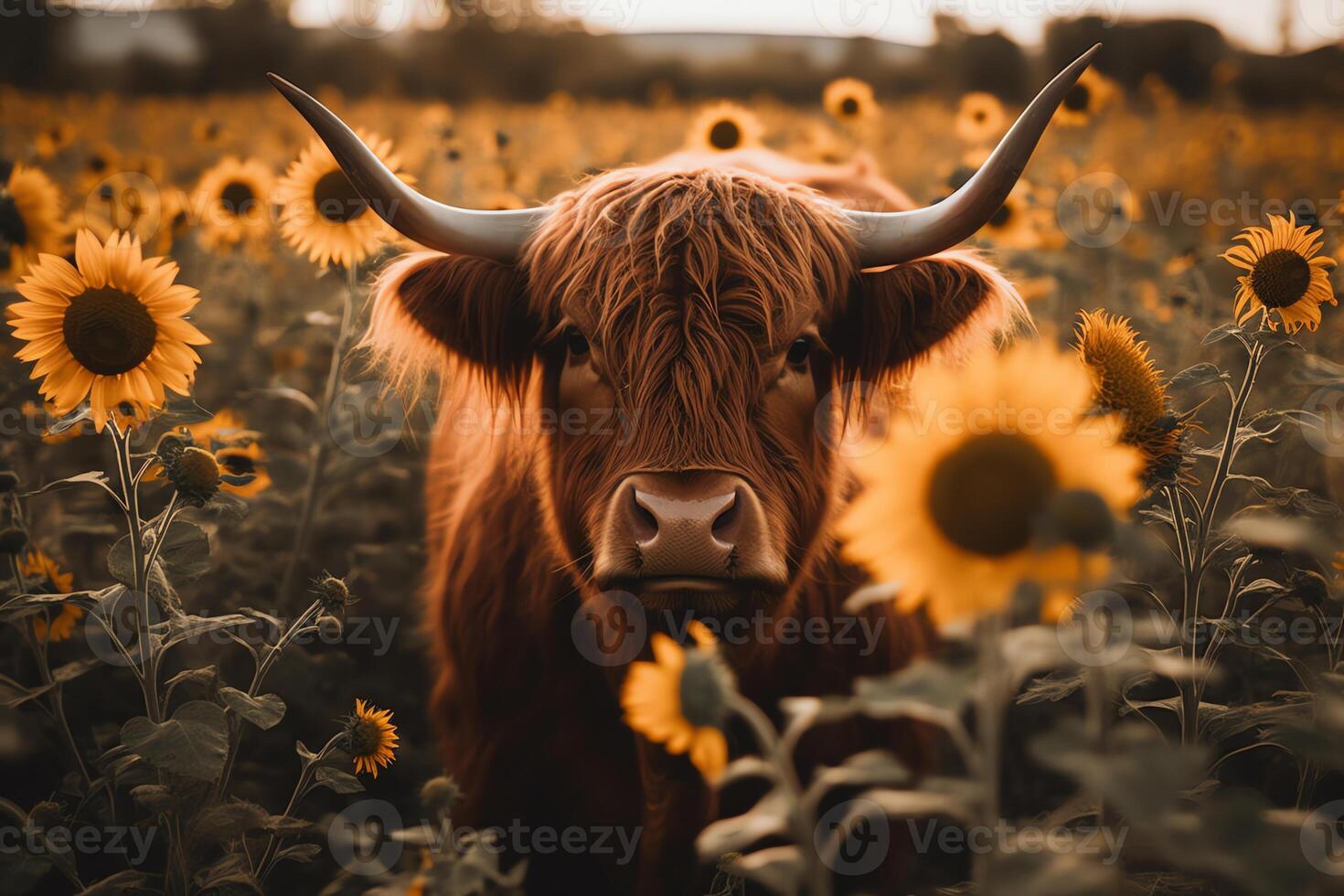 Highland cow face with many various sunflowers. AI Generated 23377976 ...