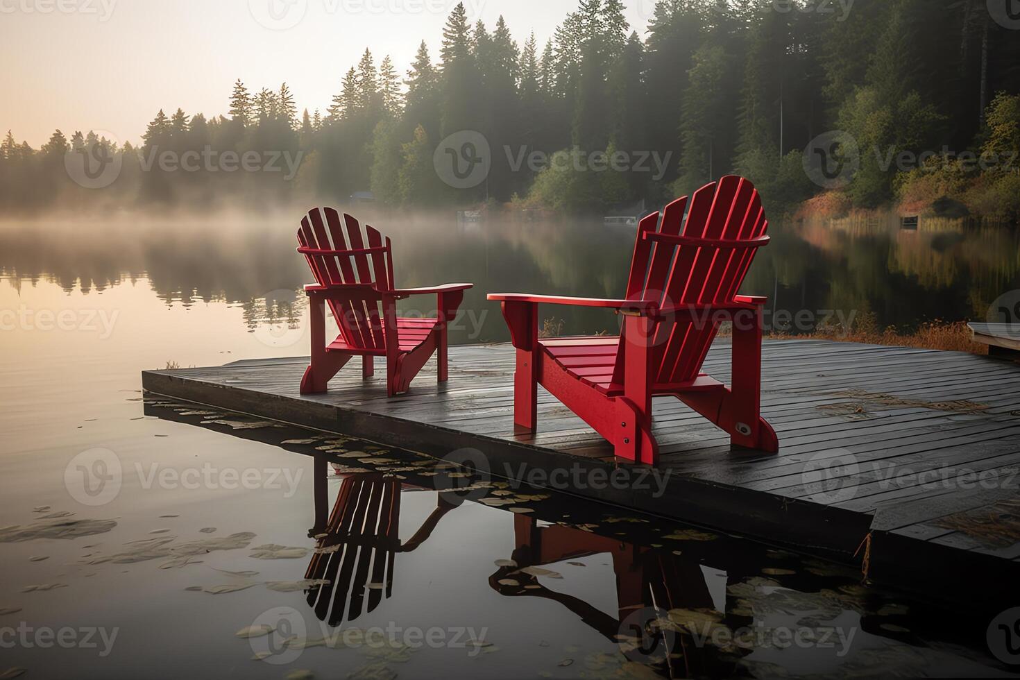 dos rojo adirondack sillas en un de madera muelle en un lago. ai generado foto