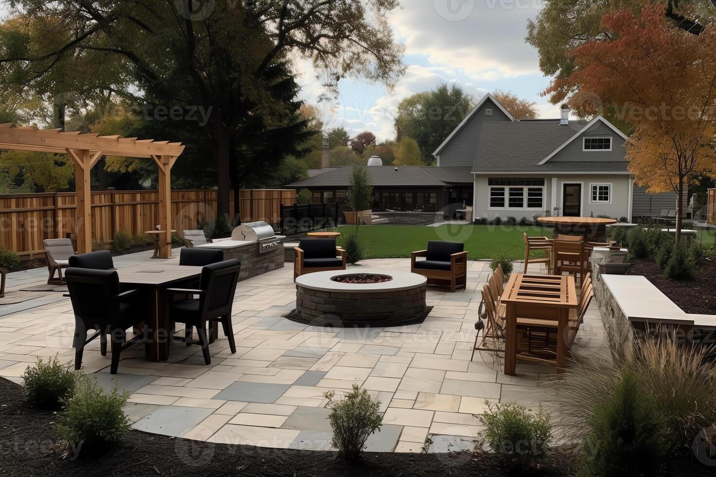 A patio with chairs tables and a fire place in the middle of the yard with a grill and grill in the back ground. photo