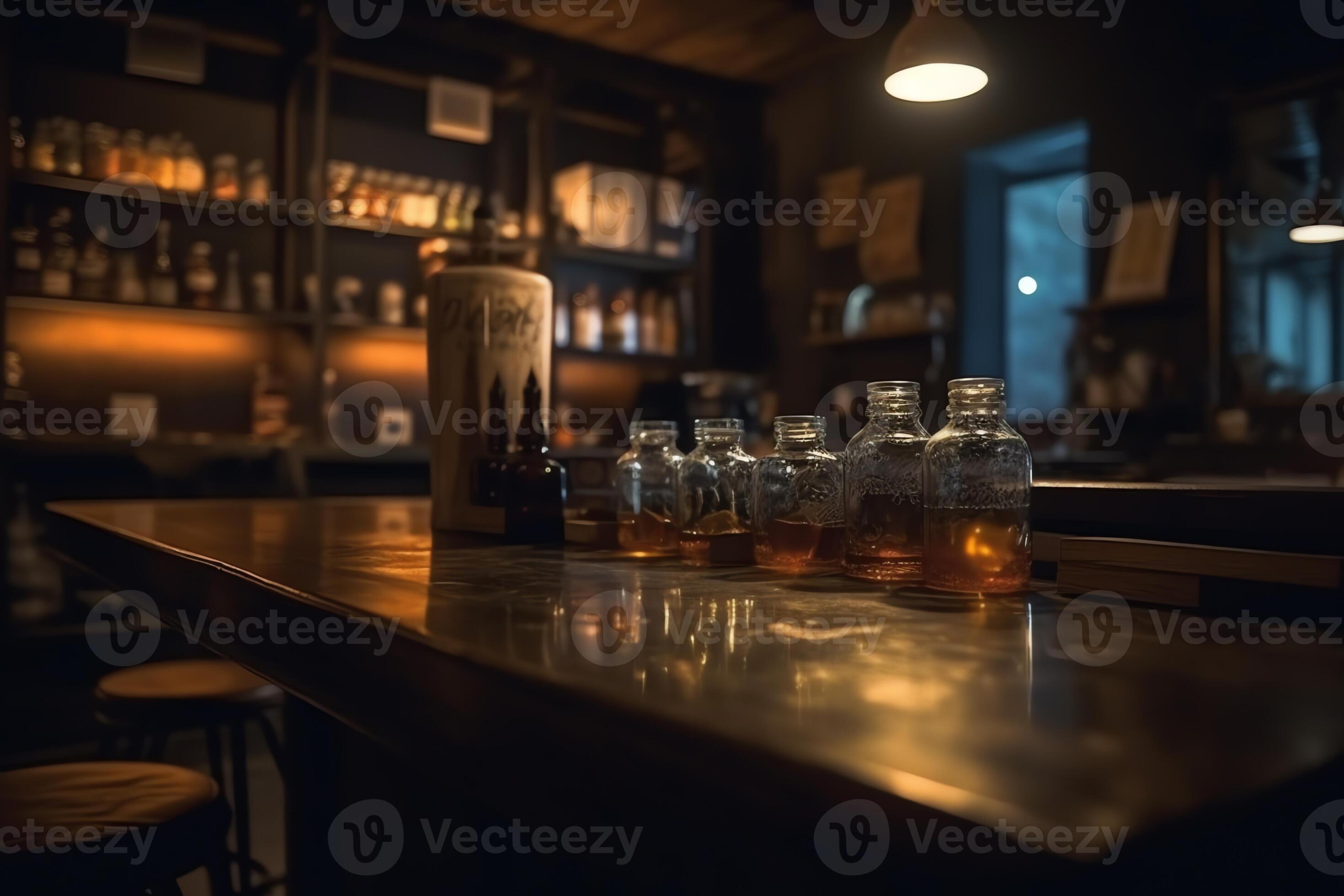 Bar counter blurred dark background background menu and special offers