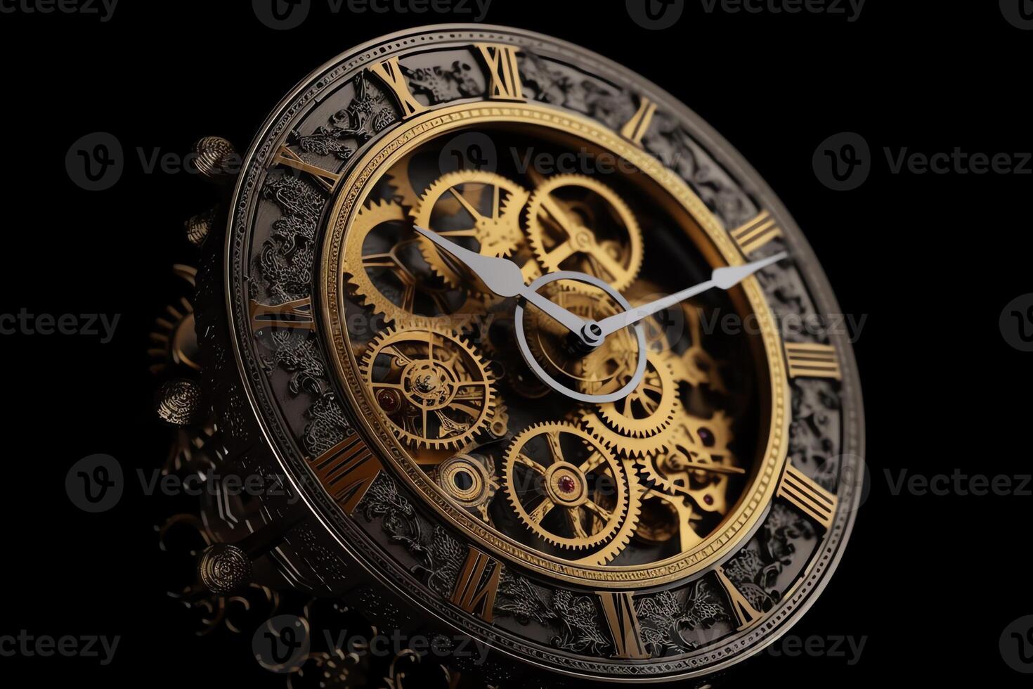 Golden black old clock close up at front view on dark background with cog wheel pattern design of my own 3d illustration. photo