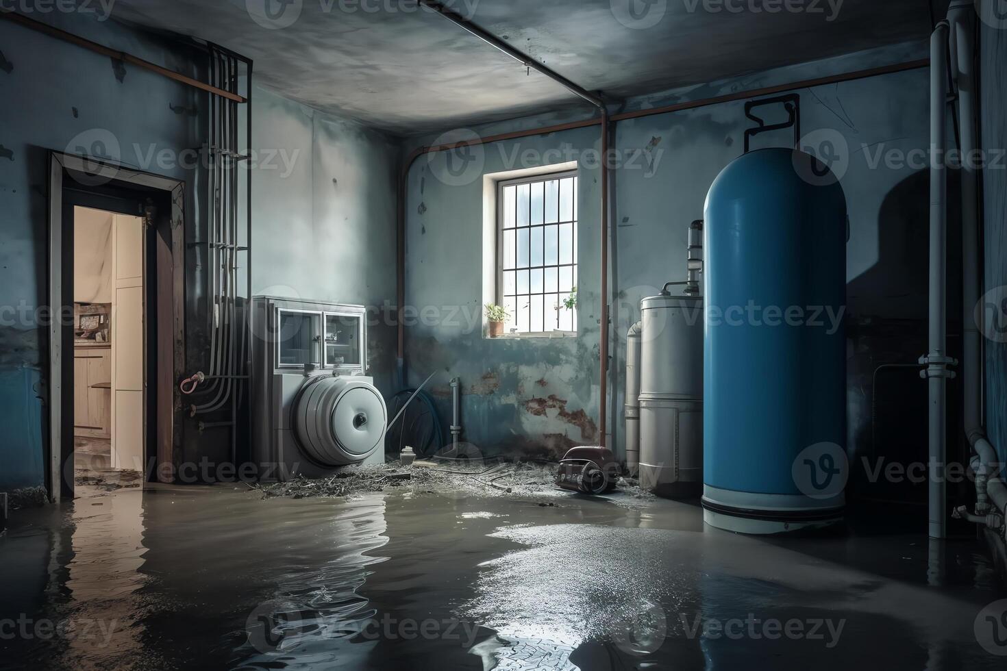 Basement with a flooded interior and a boiler. photo