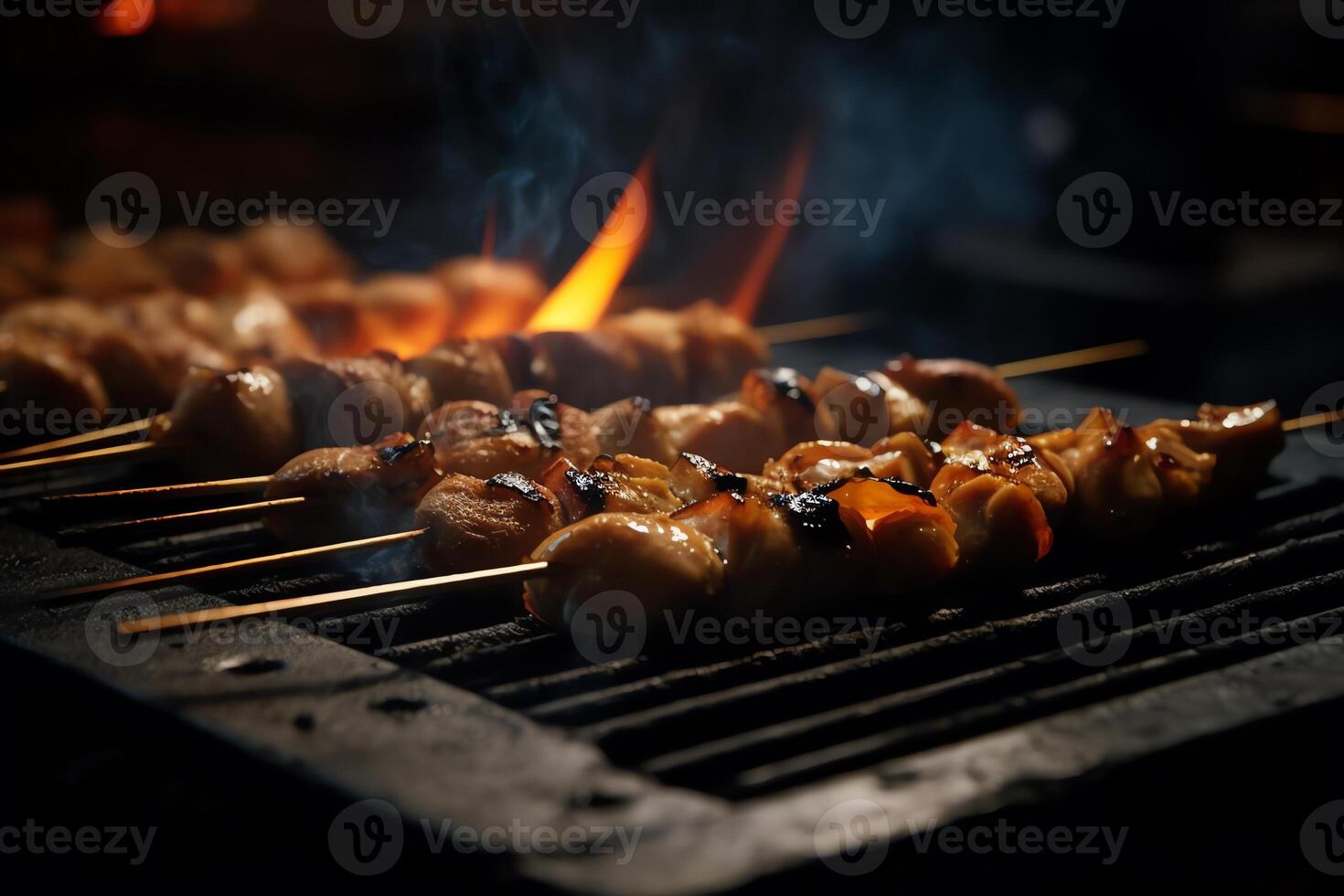 de cerca de yakitori brochetas candente en un carbón parrilla con fumar creciente y llamas parpadeando en el antecedentes. ai generado foto