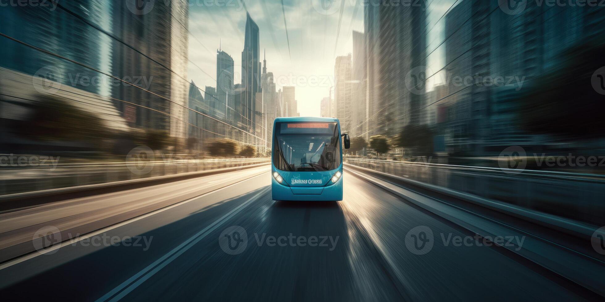 Bus driving on the road with cityscape motion blur background. Traveling and transportation. photo