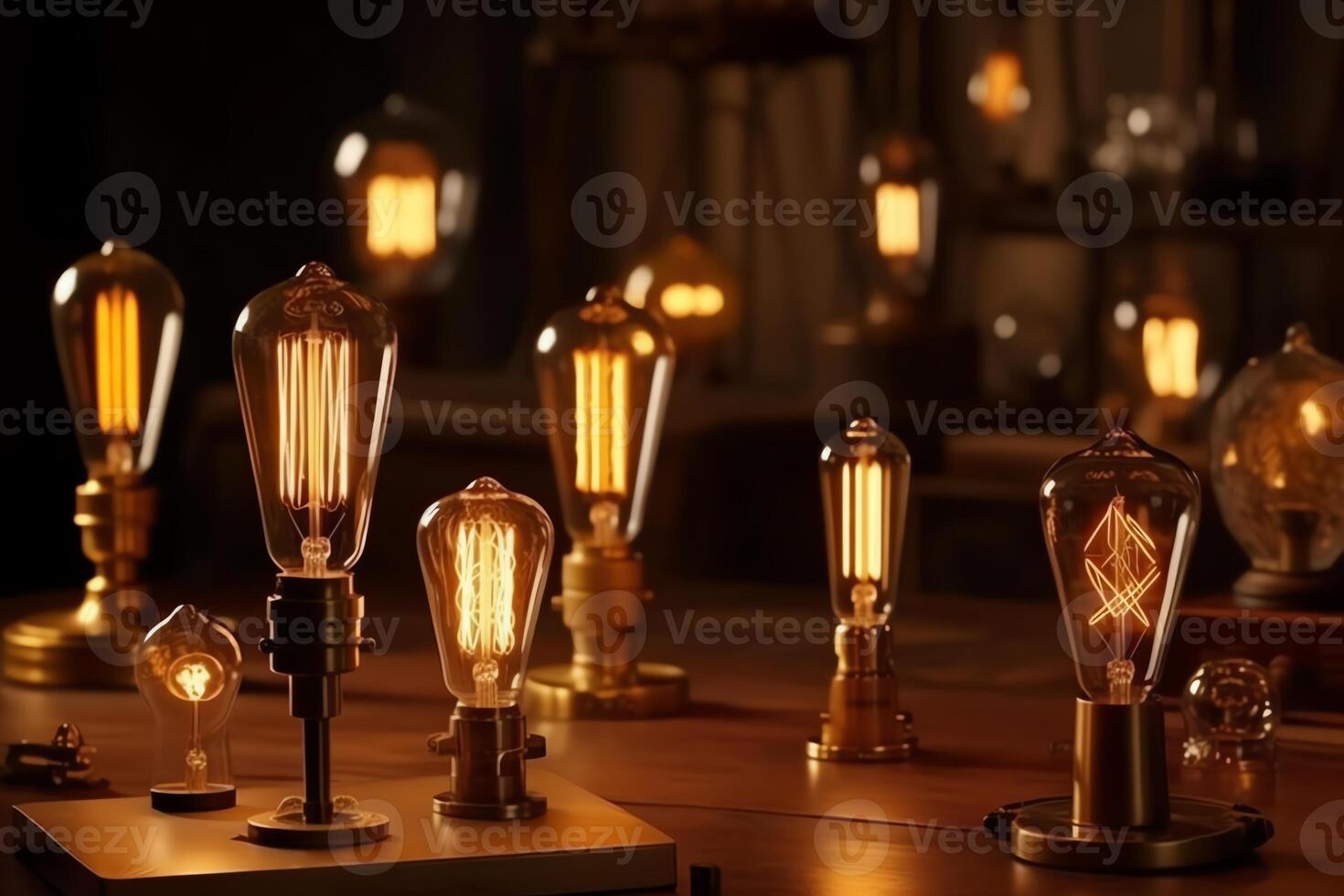 Decorative antique edison style light bulbs different shapes of retro lamps on dark background cafe or restaurant decoration details set of vintage glowing light bulbs loft interior. photo