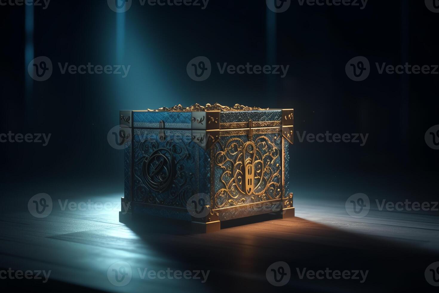 Mysterious pandora box opening with rays of light high contrast image 3d rendering illustration. photo