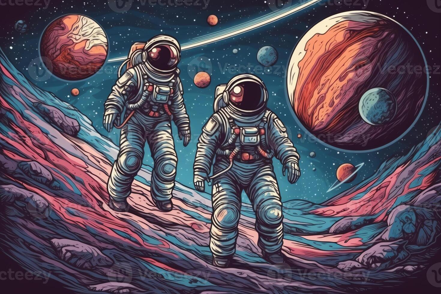 Astronaut and astronauts exploring planets in outer space. photo