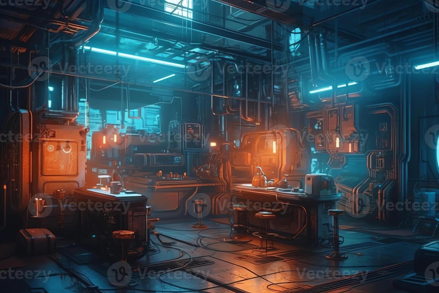 Futuristic robot workshop with neon lights in dystopian style cyberpunk