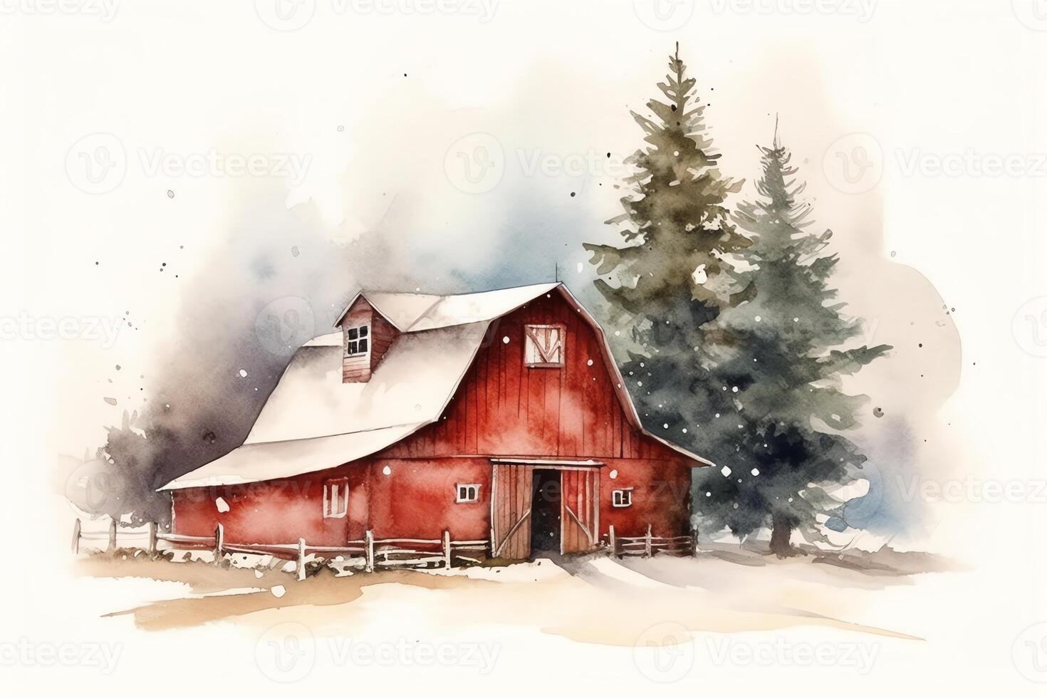 Watercolor christmas tree with wooden red barn farmhouse winter background. photo