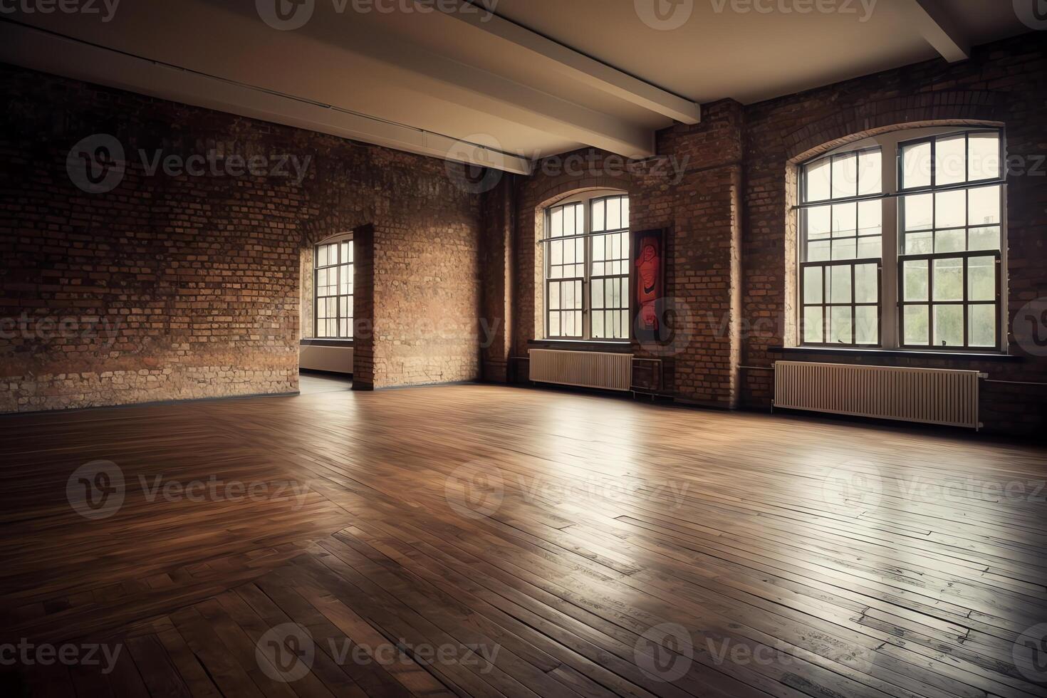 grande vacío habitación en granja estilo con de madera piso ladrillos pared b. ai generado foto
