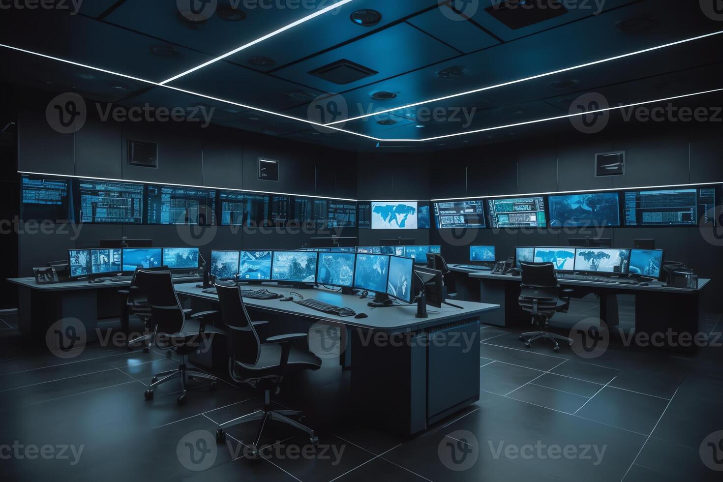 Empty interior of big modern security system control room workstation with multiple displays monitoring room with at security data center empty office desk and chairs. photo