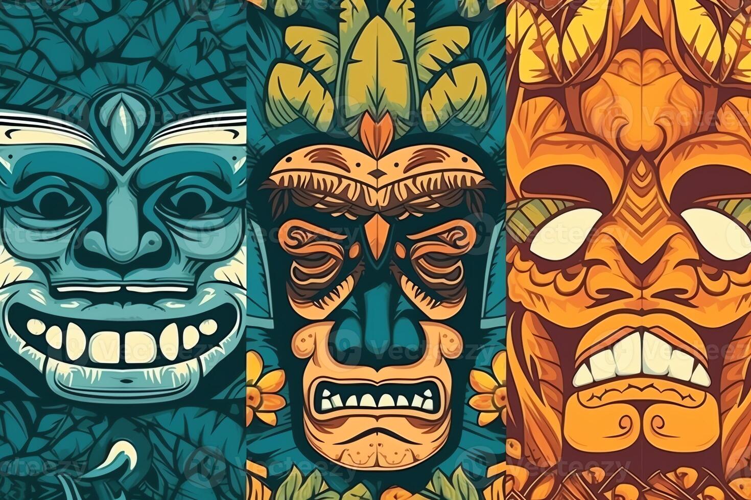 Seamless 2d illustration print designs with hawaii tropical surf palm tiki mask themed. photo