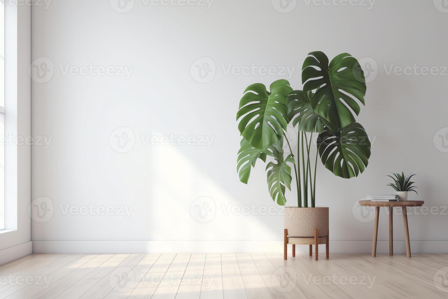 Monstera deliciosa plant in a minimalist white room illustration. photo