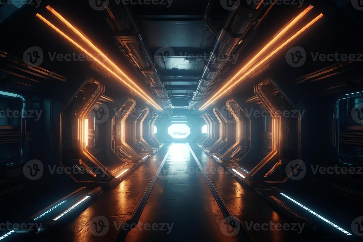 Science fiction interior scene scifi corridor render scene with neon lights and smoke technology. photo