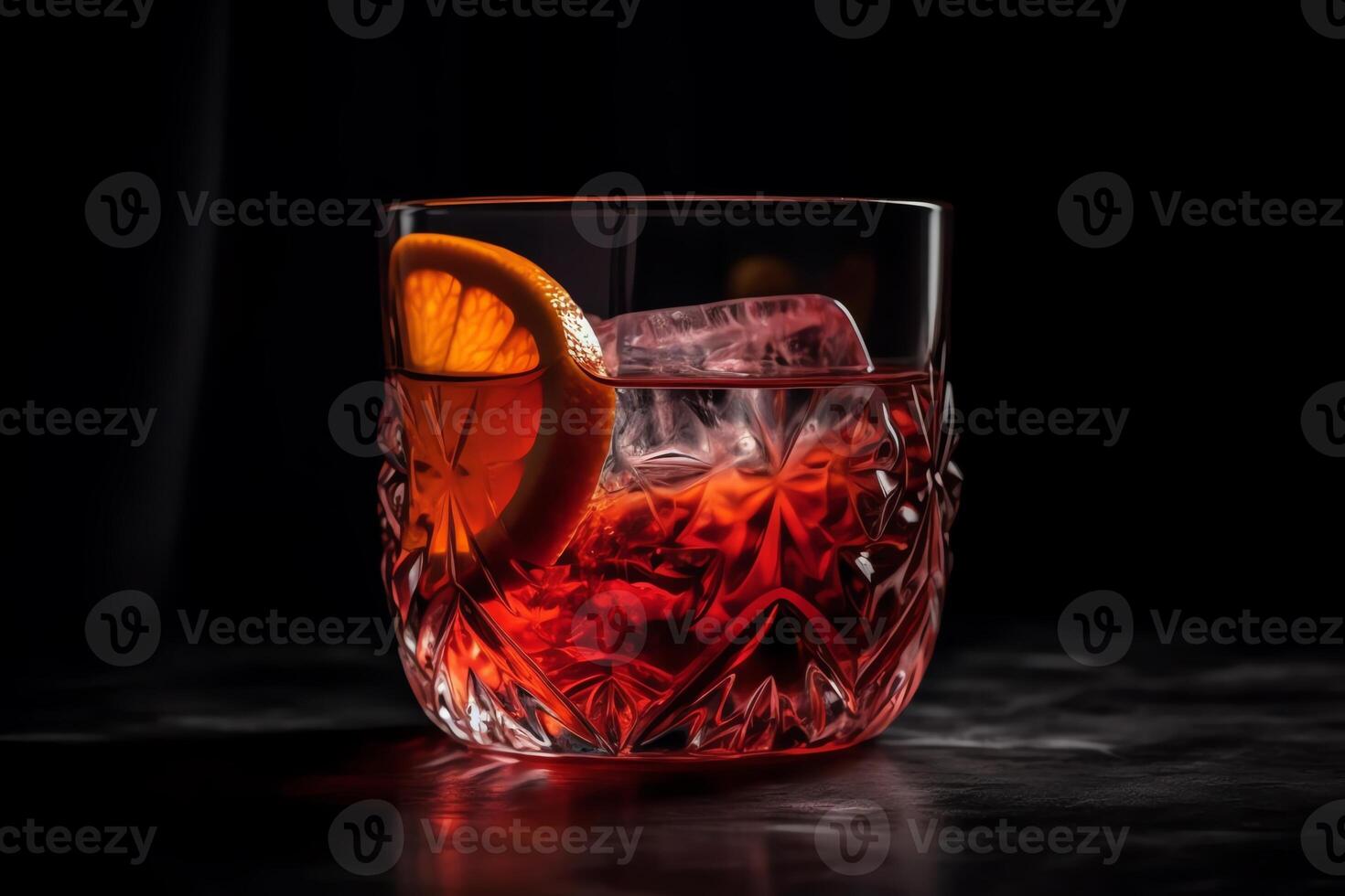 Glass of negroni cocktail on black background render. photo