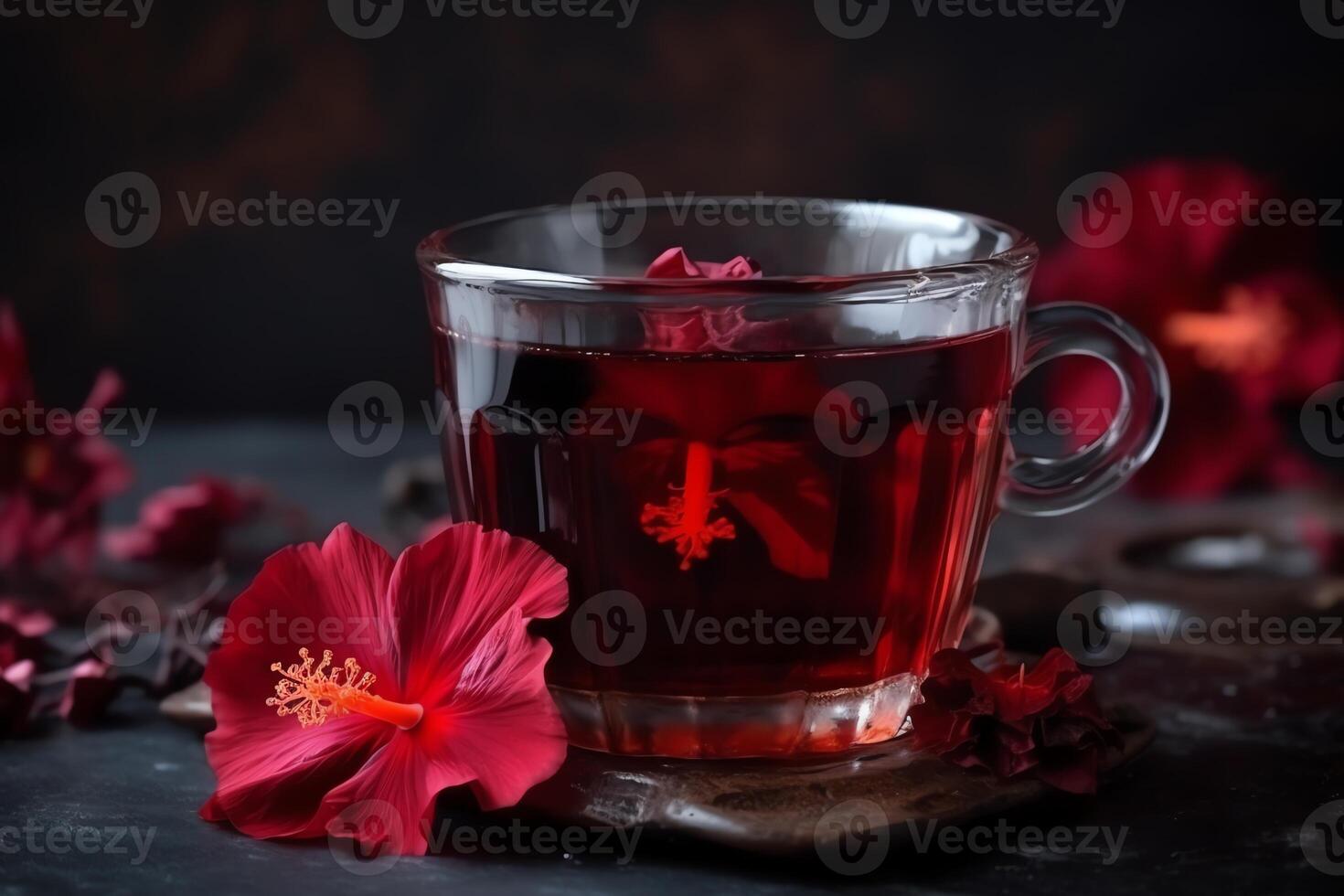 Red hibiscus hot herbal tea with flowers on background. photo