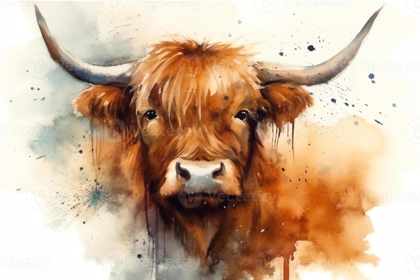 Cattle from scotland highland cow from scotland the bull had horns isolated with space to write your own words aquarelle watercolor illustration. photo