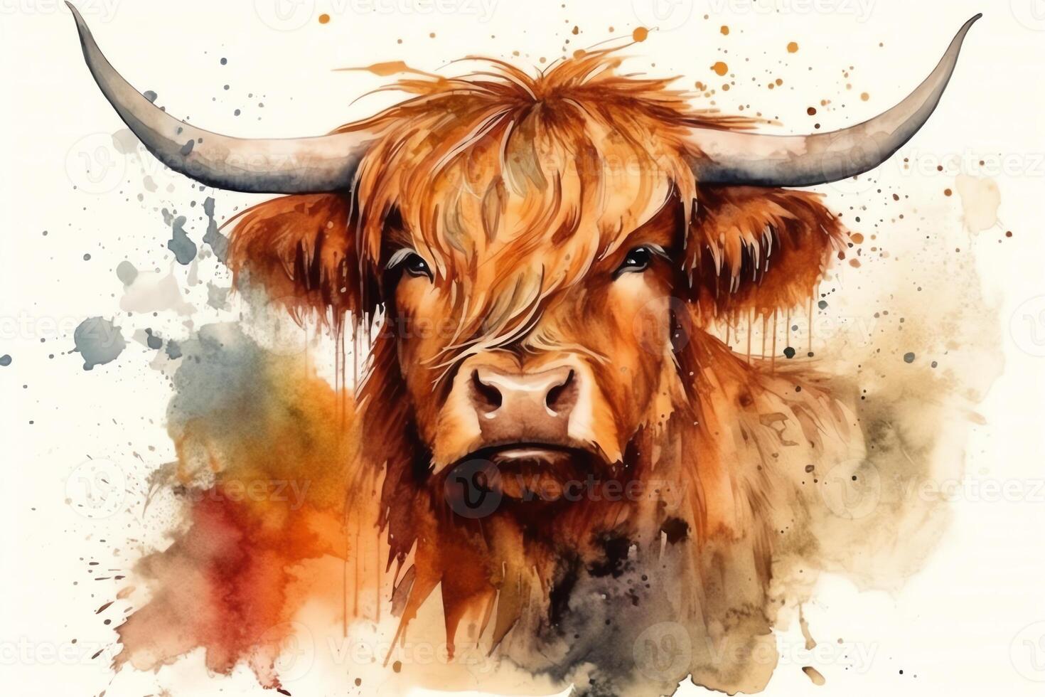 Scottish highland cow head handdrawn watercolor illustration year of the ox 2021. photo