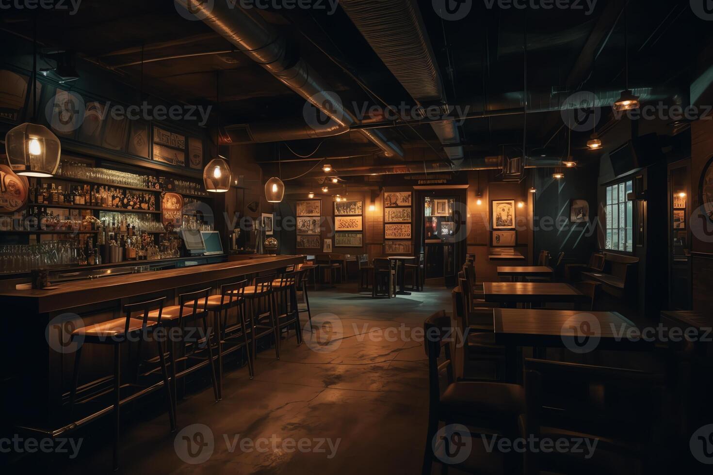 A dimly lit restaurant with chairs and a bar in the background with lights hanging from the ceiling and hanging from the ceiling with a bar in the middle of the middle. photo