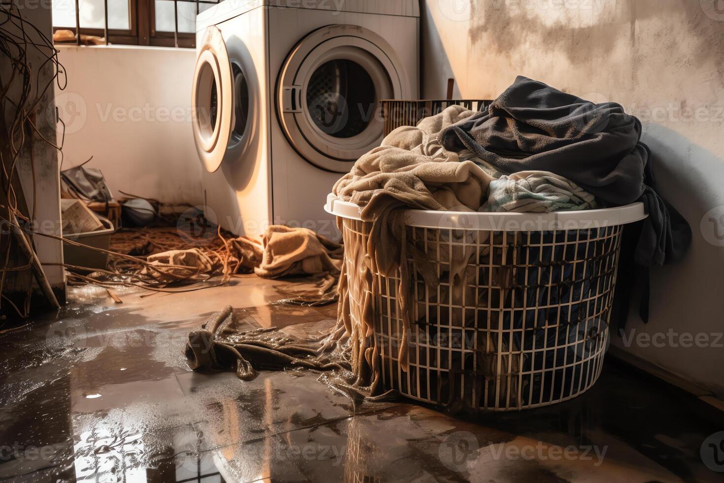 Washing machine in an old miserable filthy dilapidated bathroom basement or laundry room flooded after a water damage leak or natural flood disaster with hamper and linen. photo