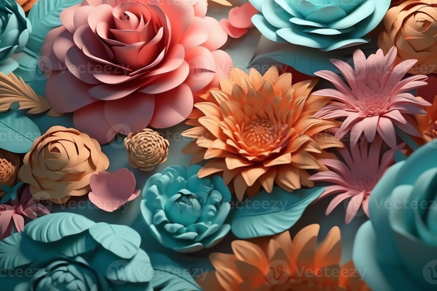 3D illustration floral mural wallpaper colorful flowers background. AI