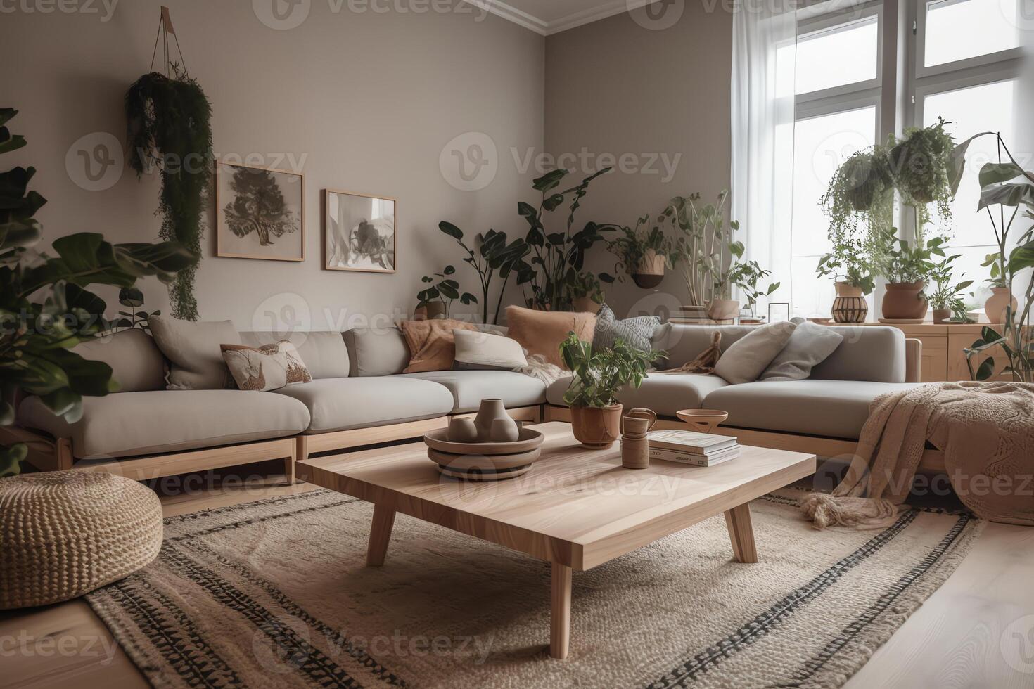 Com table and casual living room interior design with a large sectional natural wood accents and indoor plants. photo