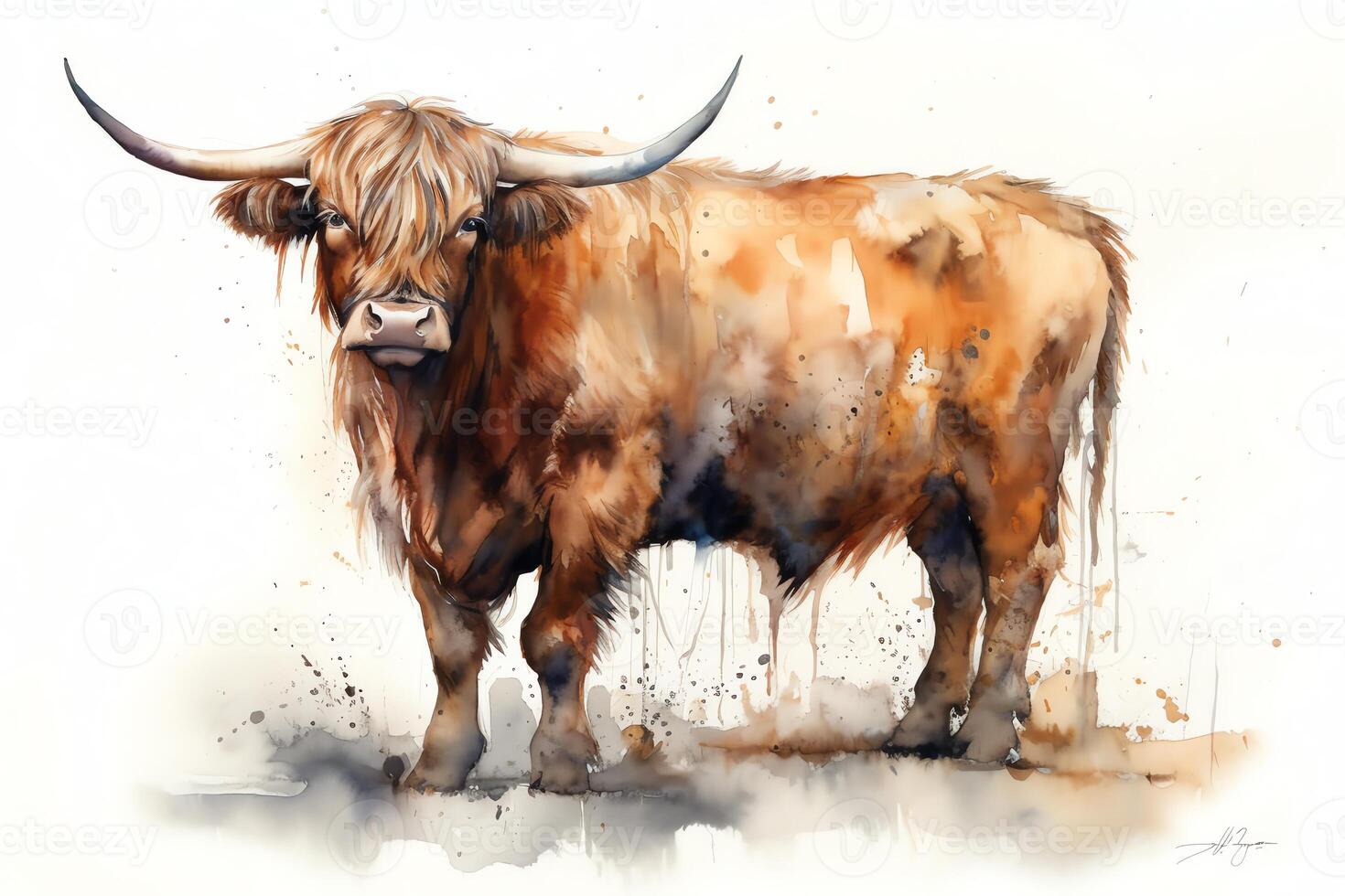 Full body shot of a highland farm cow watercolor. photo