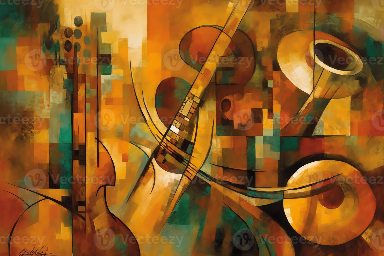 Abstract jazz art featuring trumpet contrabass saxophone and piano. photo