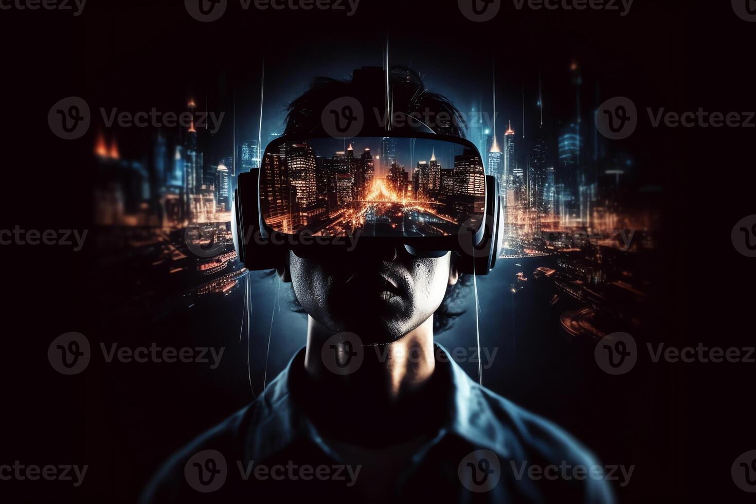 Vr headset double exposure metaverse futuristic virtual world state of consciousness technology. photo