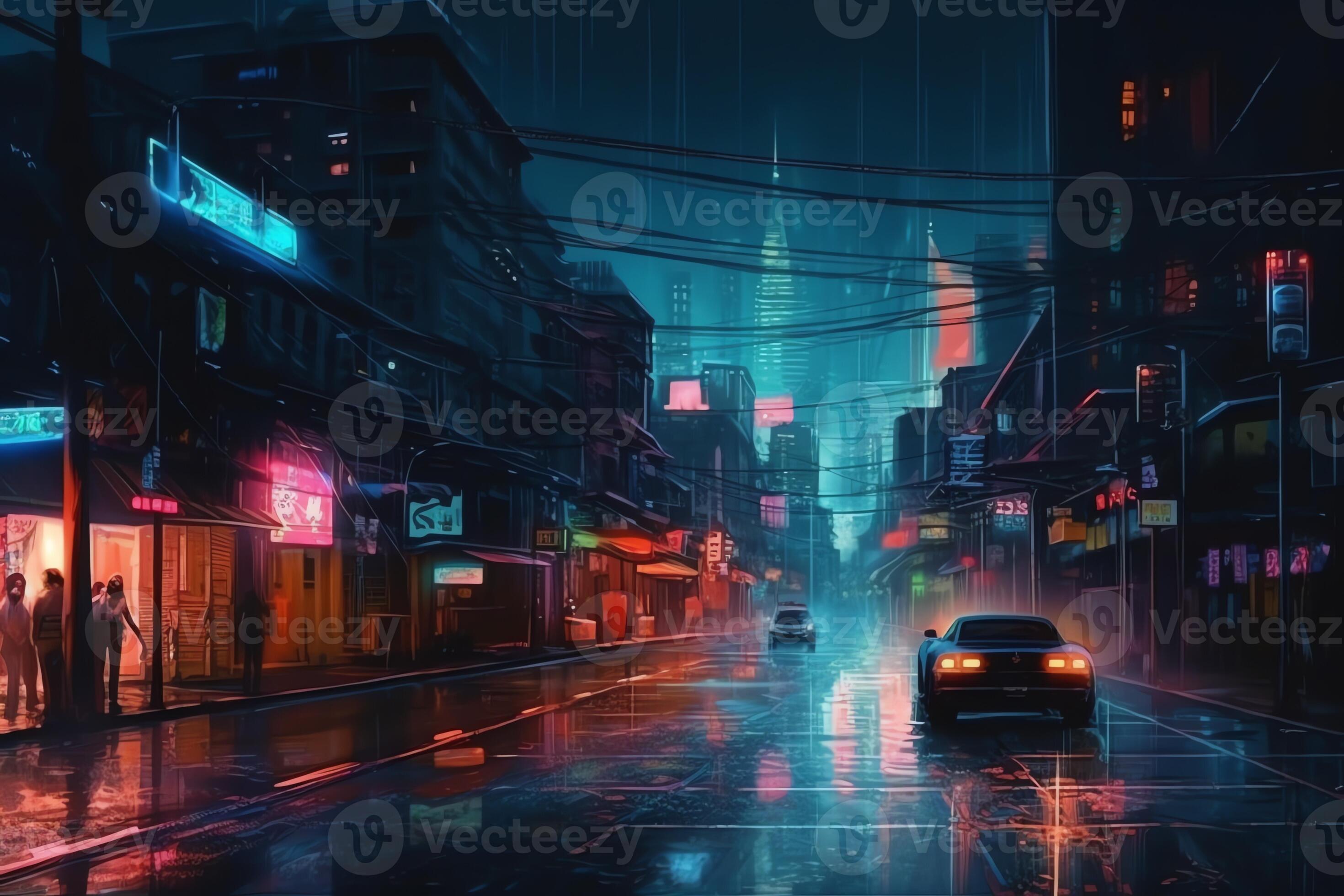 Night scene of after rain city in cyberpunk style, futuristic nostalgic  80s, 90s. Neon lights vibrant colors, photorealistic horizontal  illustration. ai generated 25938748 Stock Photo at Vecteezy