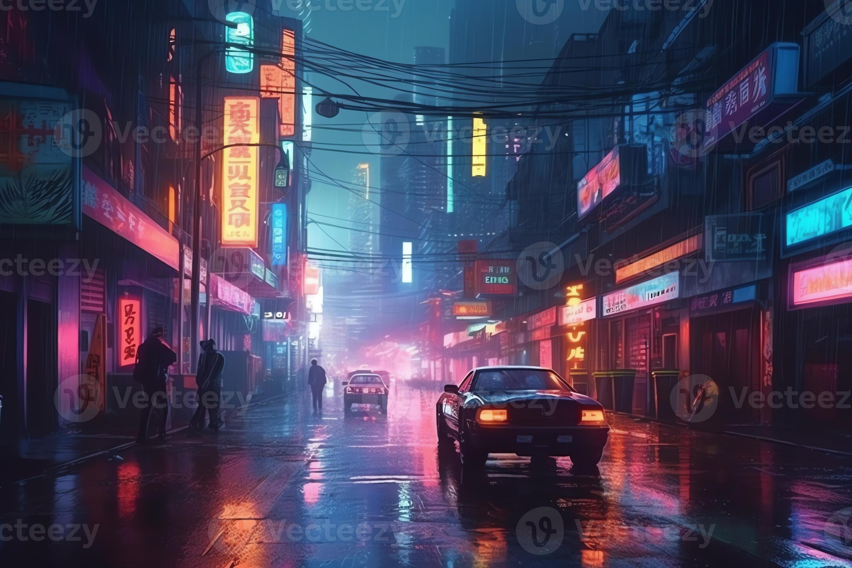 Night scene of after rain city in cyberpunk style, futuristic nostalgic  80s, 90s. Neon lights vibrant colors, photorealistic horizontal  illustration. ai generated 25938784 Stock Photo at Vecteezy