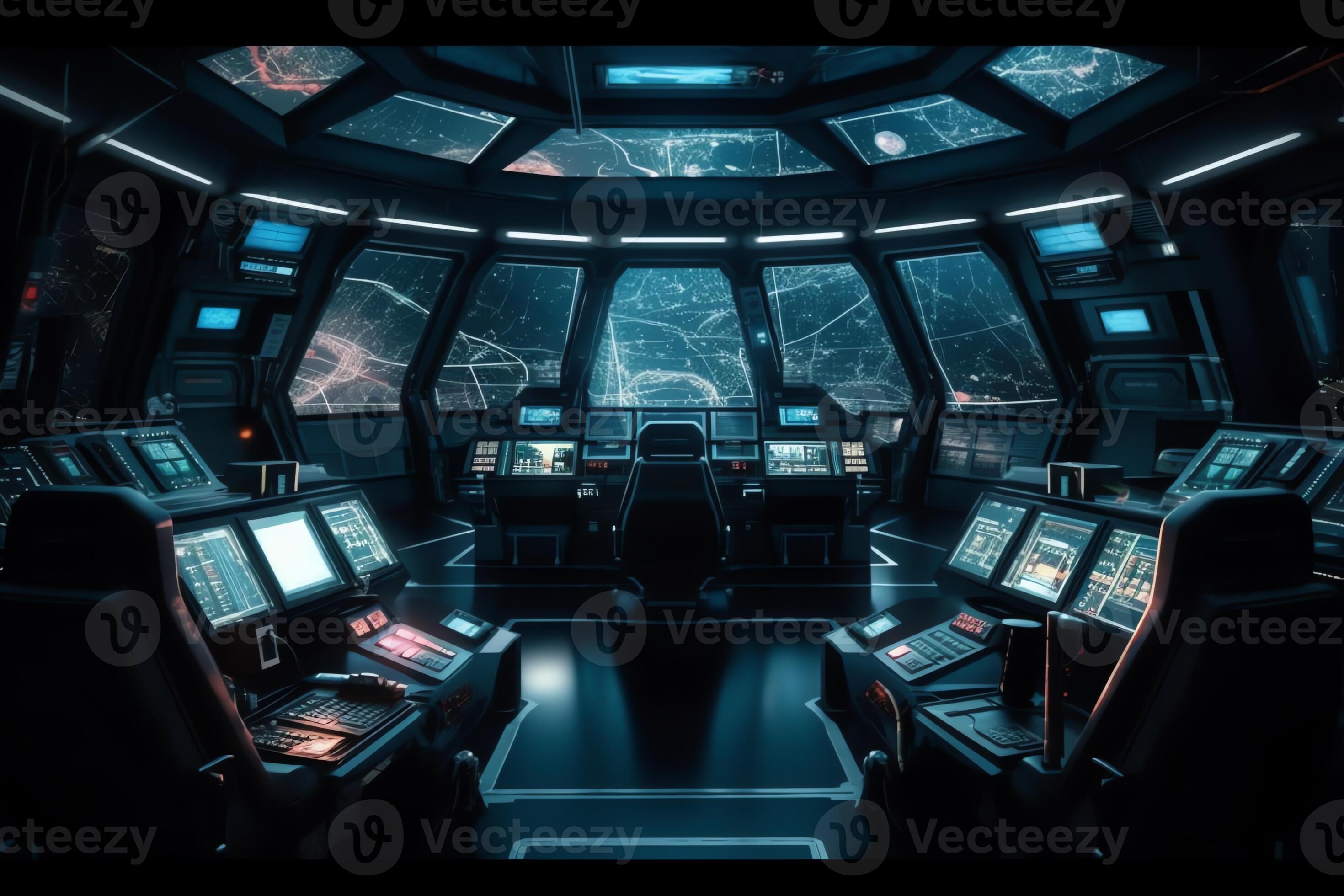 Futuristic view from spaceship cockpit control board 3d illustration science fiction background