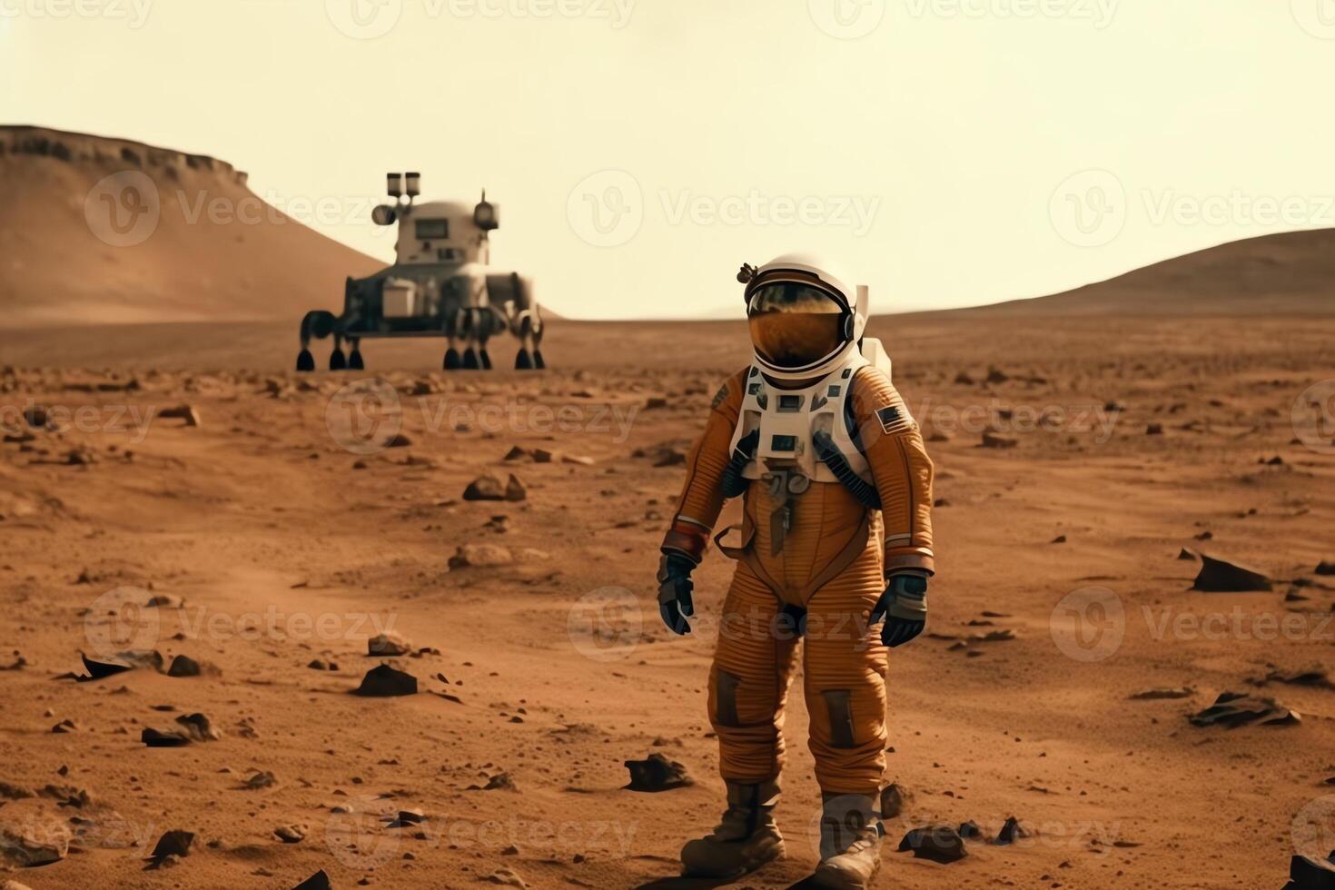 An astronaut arriving on mars standing outside of a spacecraft looking out at the vast 3. photo