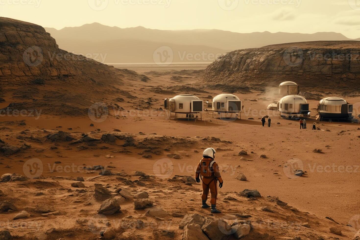 Astronaut colony on mars resting and taking in the view. photo