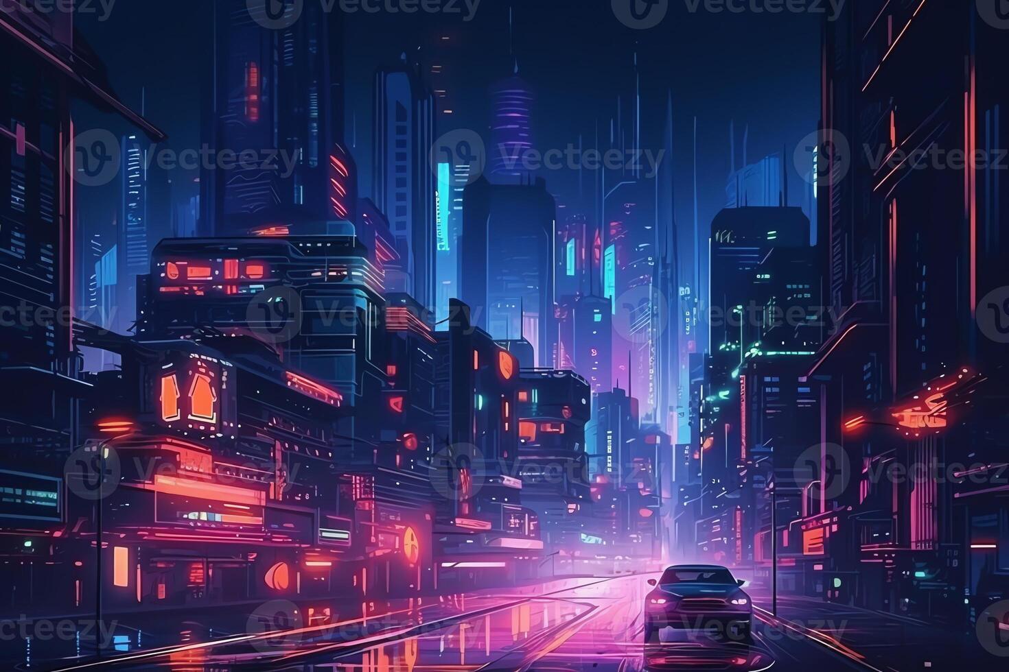 trama ilustración de el noche moderno ciudad cyberpunk edificios rascacielos neón resplandor Ciencias ficción artificial inteligencia. ai generado foto