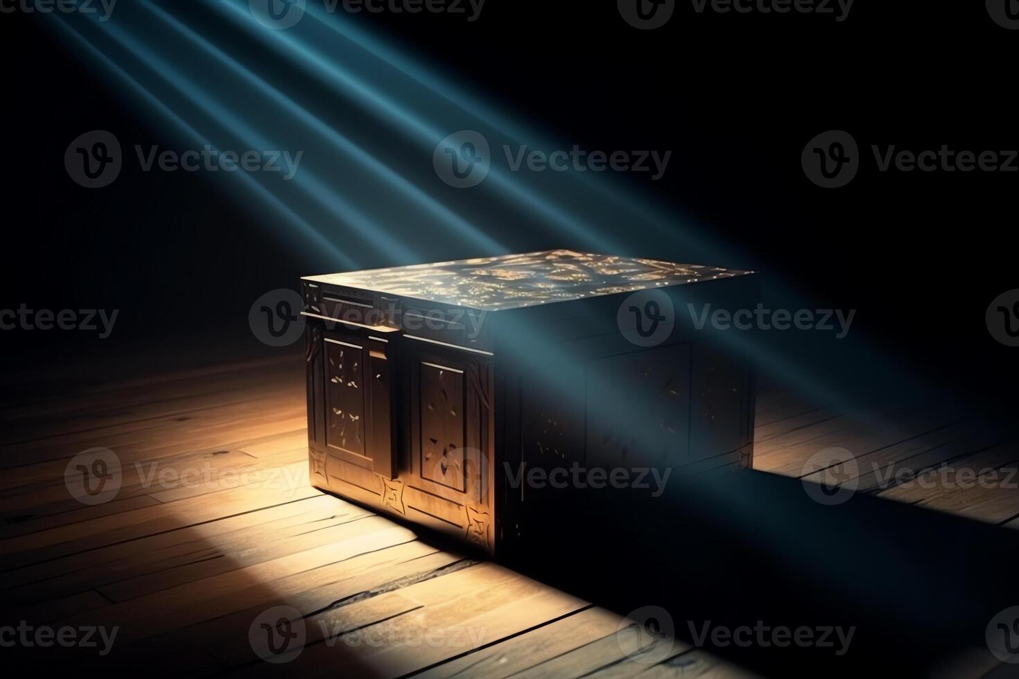 Mysterious magical box opening with rays of light high contrast image 3d rendering illustration. photo