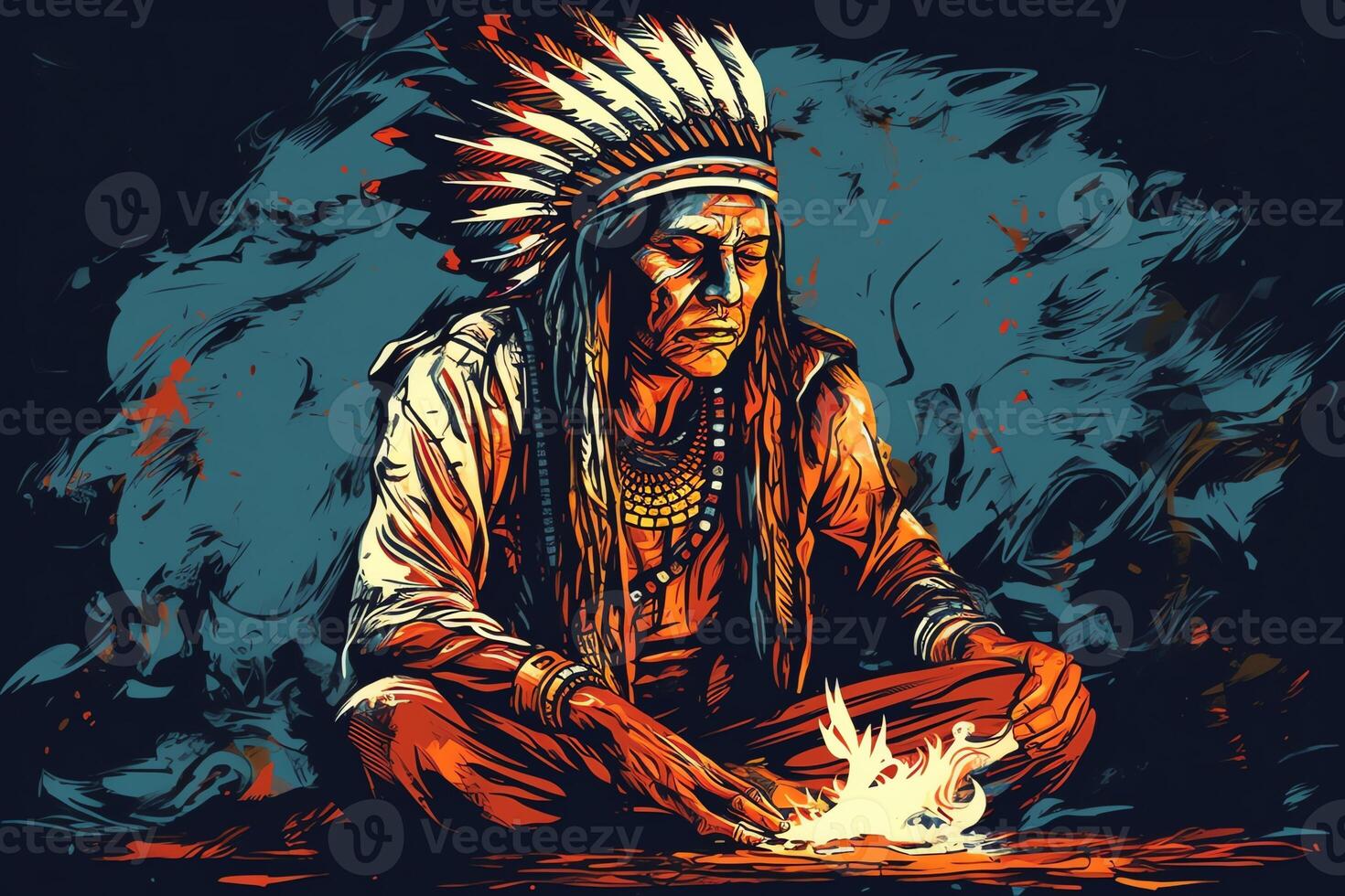 Native american shaman in contemplation during fire ceremony indian chief healer in traditional style and vibrant high contrast colours with a lot of detail illustration. photo