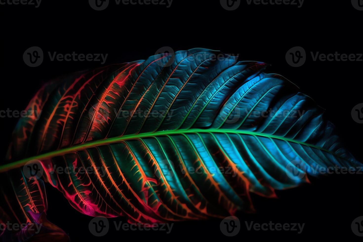 Tropical leaf est glow in the black light background high contrast. photo