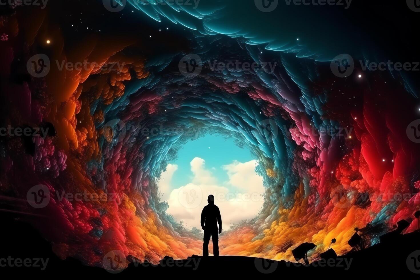 Young adventurer in front of portal to fantasy dimensions that radiate power and energy dramatic saturated high contrast powerful twister clouds . photo