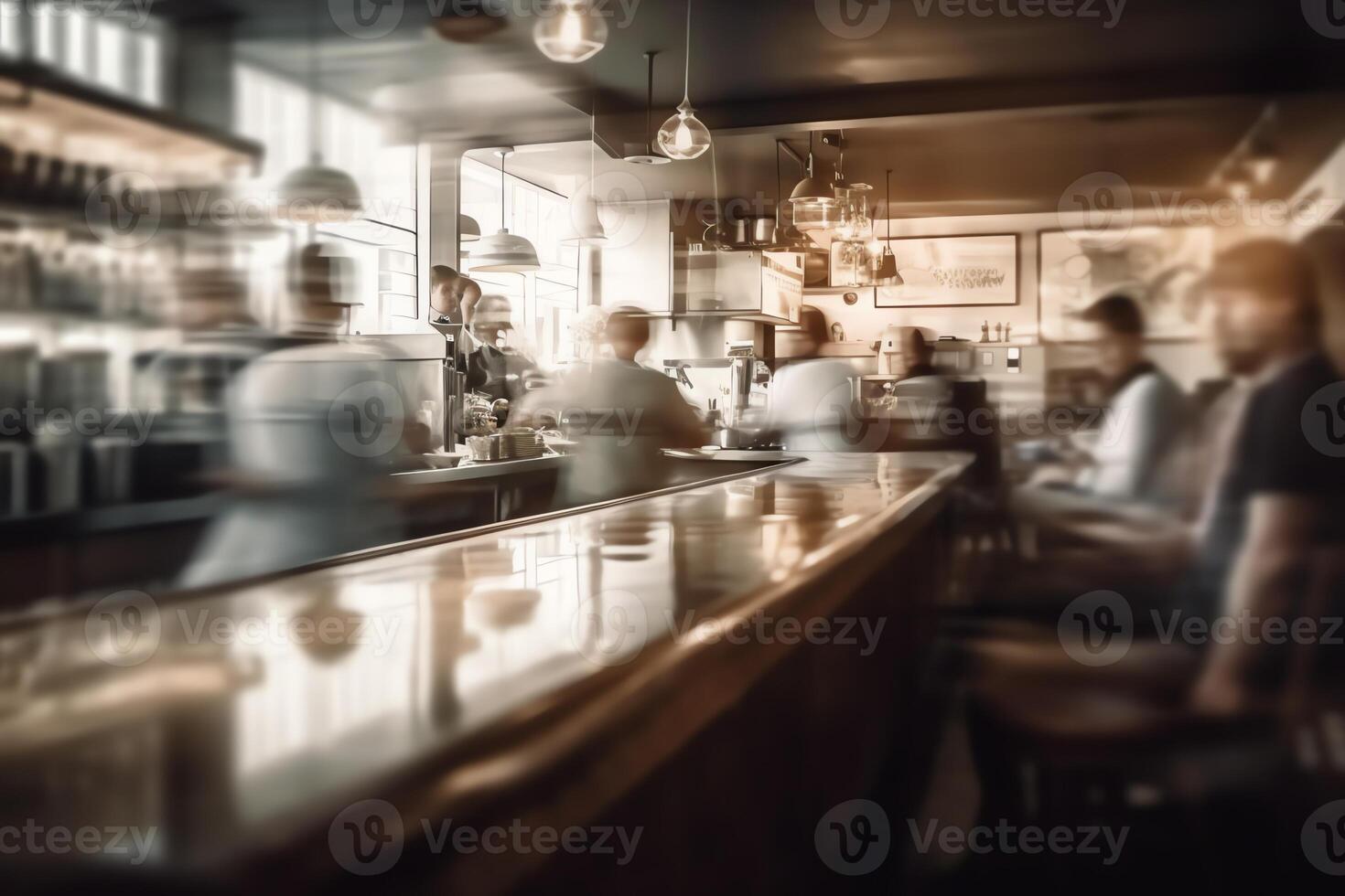 Blurred restaurant background with some people eating and chefs and waiters working. photo