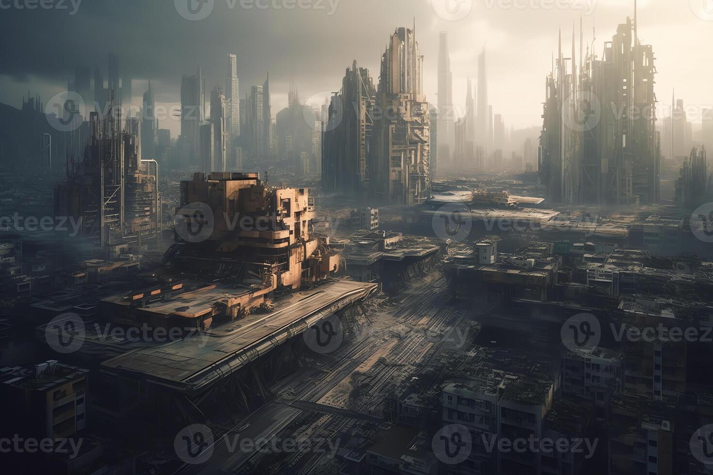 A futuristic cityscape with a post apocalyptic and dark tone. photo