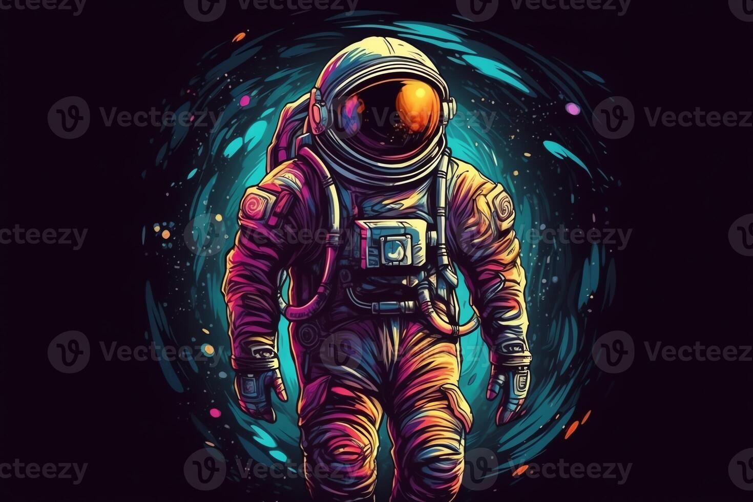 astronauta en un traje espacial por ming un paseo espacial en contra el antecedentes de estrellas y planetas vistoso ilustración humano vuelo espacial. ai generado foto