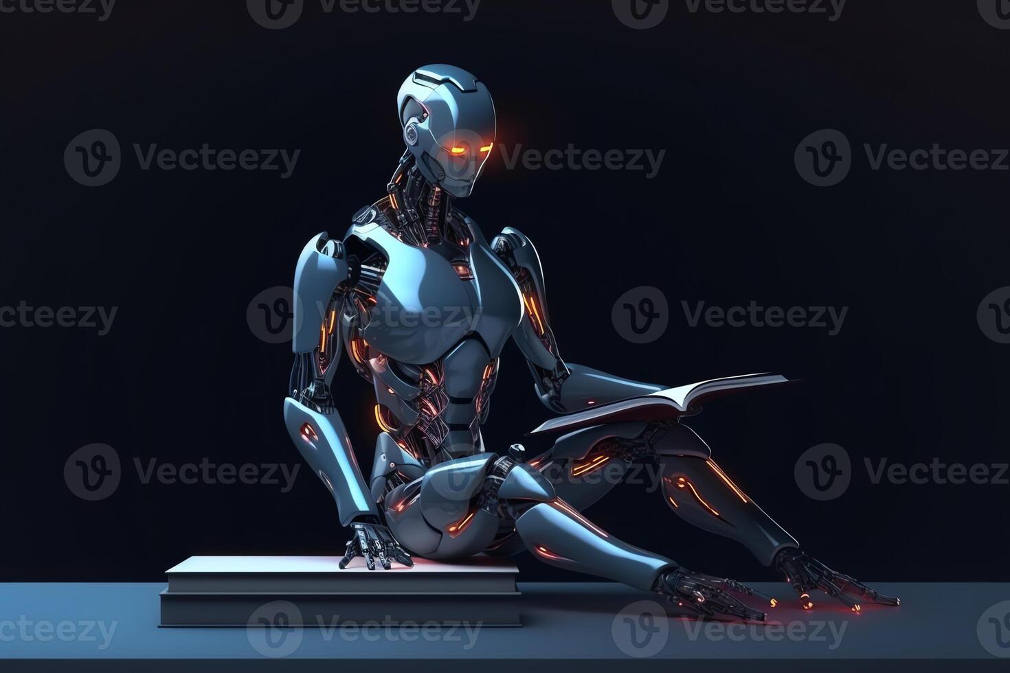 Robotic cyborg pressing robot is sitting and reading a book artificial intelligence banner place text. photo